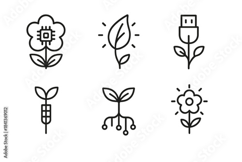 Tech Bloom Icons. Line style icons of Tech Bloom: flower with microchip center, glowing leaf edge, vine through USB plug,