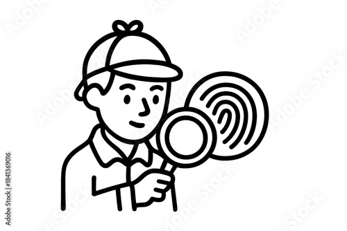 Investigator character holding a magnifying glass and analyzing a fingerprint clue