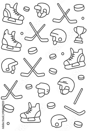 Wallpaper Mural Seamless repeating design featuring ice hockey gear: skates, helmets, sticks, pucks, and championship trophy Torontodigital.ca