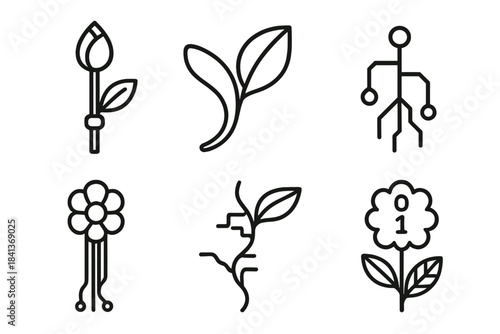Synthetic Nature Icons. Line style icons of Synthetic Nature: metal stem with living bud, silicon leaf curve, luminous root