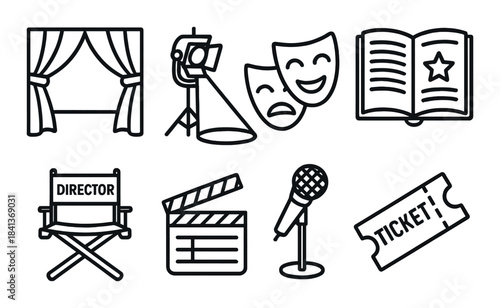 Theater and film icons: curtains, spotlight, masks, script, director's chair, clapboard, microphone, ticket