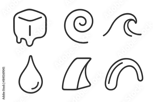 Soft Structure Icons. Line style icons of Fluid Forms: bending square, dripping grid, flowing sphere contour, warped cone,