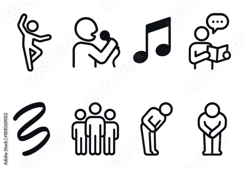 Black silhouettes of musical and dance performance icons on dark background