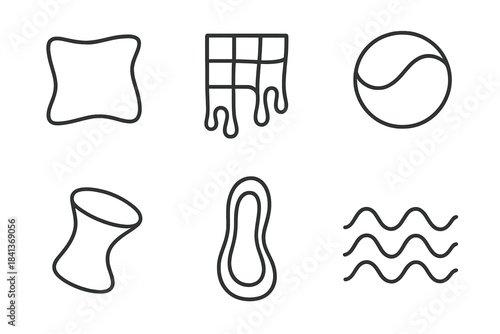 Fluid Form Icons. Line style icons of Fluid Forms: bending square, dripping grid, flowing sphere contour, warped cone, stretched