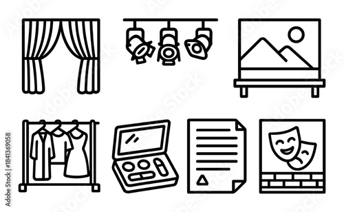 Minimalist theater and arts icon set featuring curtains, lights, costumes, makeup, script, and masks