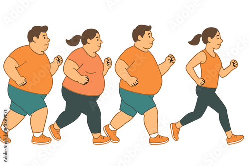 Body transformation stages showing weight loss progression through running and fitness
