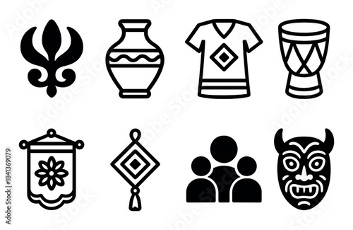 Traditional cultural icons and symbols in artistic silhouette set