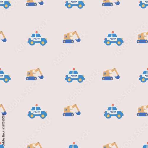 Cars and Construction Vector Seamless Pattern Vehicles Pattern Seamless Vector Design with Diggers, Bikes Excavators