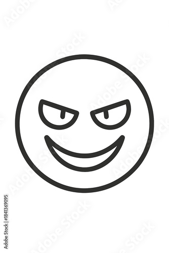 Minimalist black and white graphic of an evil smiling face emoji expressing mischief and malice