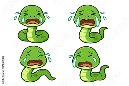 Four identical cute green cartoon snakes crying with tears streaming down their faces