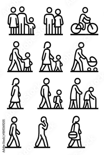 Outline figures set of diverse people walking, cycling, families, and seniors