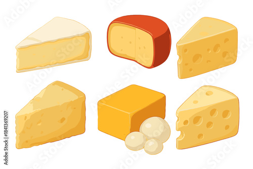 Collection of various dairy cheeses including cheddar, brie, mozzarella, and Swiss