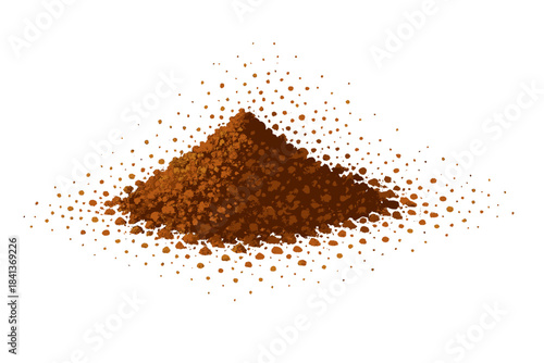 Rich brown cocoa powder pile forming a conical shape with scattered granules on a white background