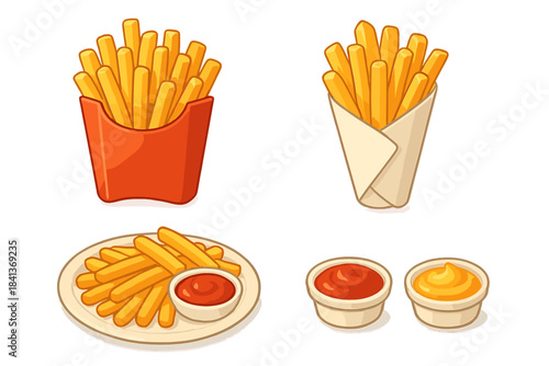 Collection of cartoon french fries in various servings with ketchup and mustard sauces