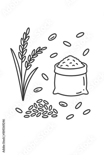 Detailed outline of rice plant stalk, scattered grains, and a full sack of cereal crop