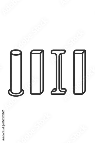 Various structural support beams including cylindrical, rectangular, and I-beam profiles
