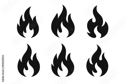 Set of stylized black fire and flame symbols for graphic design projects and warning signs