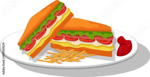 Deliciously layered club sandwiches served with crispy golden fries and a side of ketchup, a perfect illustration for a quick and satisfying meal