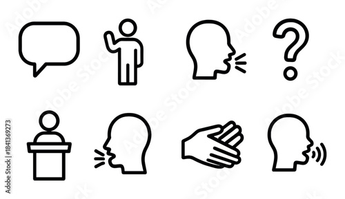 Icon set depicting communication and speech concepts in dark theme