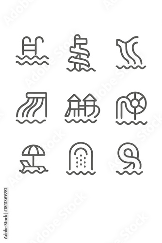 Set of line icons representing water park features and swimming pool recreation