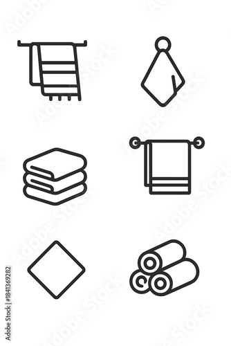 Minimalist set of various towels, washcloths, and bathroom textile arrangements in outline style