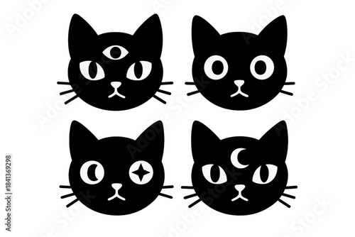 Set of four minimalist black cat heads adorned with mystical occult symbols