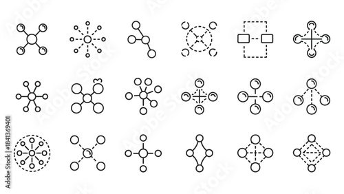 Set of 18 chemical molecule structure icons, abstract network connections, science and chemistry outline symbols