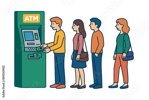 Diverse people queuing at an automated teller machine for cash withdrawal and banking services