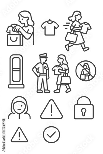 Retail security and shoplifting prevention measures featuring thief, guard, and warning signs