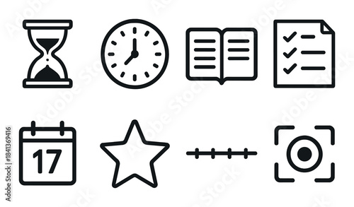 Icon set: time, calendar, book, checklist, star, focus, and more