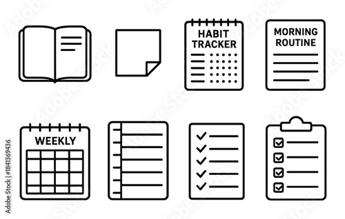 Minimalist icons of habit trackers and routine planners on dark background