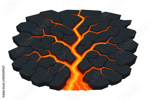 Cracked volcanic ground with glowing magma flow isolated on white background