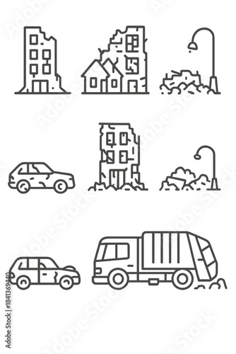 Scenes of urban destruction, collapsed buildings, rubble, and post-disaster cleanup