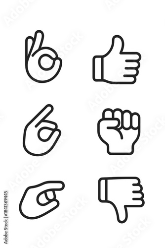 Six common hand gestures including thumbs up, thumbs down, OK sign, and closed fist symbols