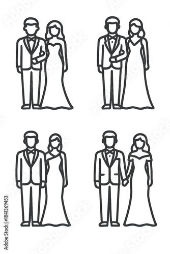 Minimalist icons of bride and groom standing together at wedding ceremony