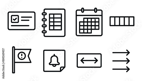 Minimalist black icons set for planning and organization