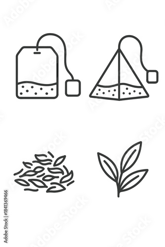 Various tea products including traditional and pyramid bags, loose leaves, and fresh plant sprig