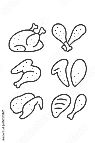 Collection of chicken meat cuts including whole roasted poultry, drumsticks, wings, and breast pieces