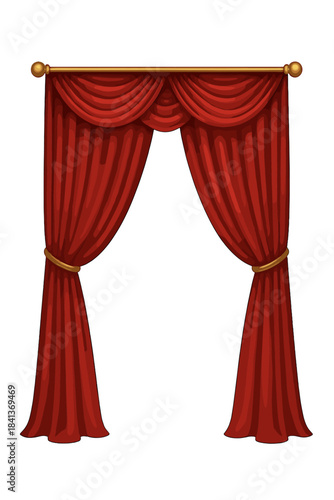 Classic rich red velvet theatrical drapery with ornate golden curtain rod