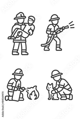 Firefighter rescue actions set with saving person, fighting fire, and helping pet cat