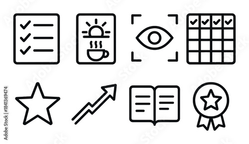 Minimalistic icon set: checklist, calendar, eye, star, arrow, book, sun, award