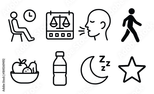 Healthy lifestyle icons: nutrition, hydration, exercise, sleep, balance, relaxation