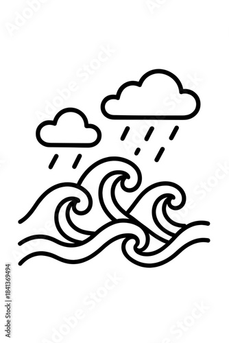 Severe weather conditions with stormy sea waves and heavy rainfall from dark clouds