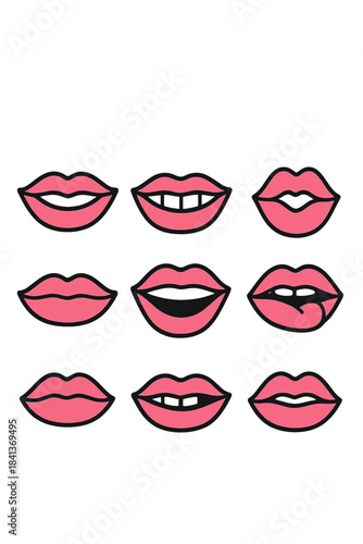 Nine different mouth gestures and lip movements in stylized pink pop art style