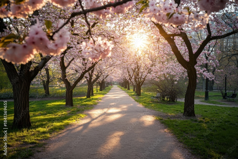Naklejka premium Peaceful park pathway lined with blooming cherry blossom trees under warm sunlight, creating serene and beautiful spring atmosphere filled with soft pink flowers