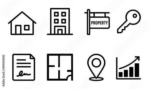 Icons representing real estate themes: house, apartment, property, key, document, floor plan, location, growth chart