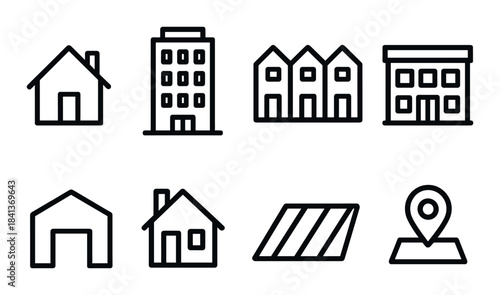 Black outline icons of buildings and locations on dark background