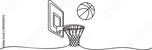 continuous line drawing of a basketball hoop, net, and ball capturing a clean modern moment before or after a shot vector illustration