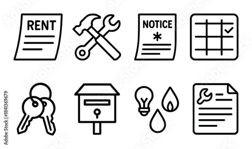 Essential rental icons: rent, tools, notice, schedule, keys, mailbox, utilities