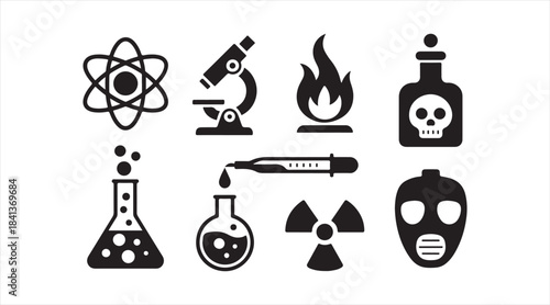 Set of scientific and hazardous symbols including lab equipment, toxic signs, radiation icons, fire symbols, and protective gear silhouettes